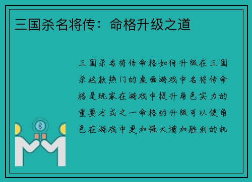 三国杀名将传：命格升级之道